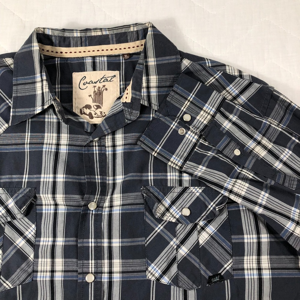 Coastal Shirt Men XL Blue Plaid Long Sleeve Button Up Pearl Snap Cowboy Western‎